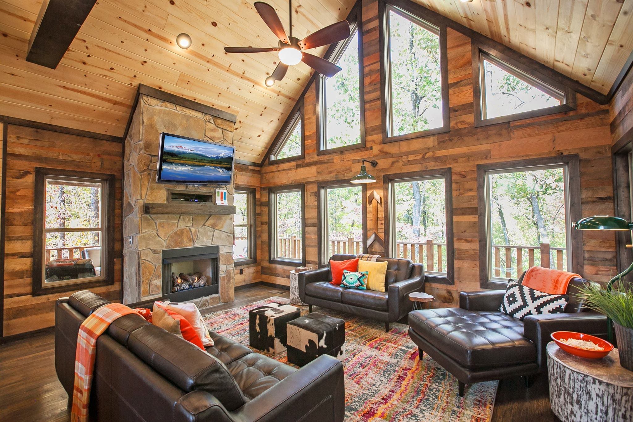 Cabin living room with fireplace