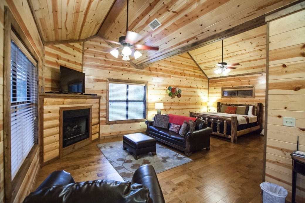 Cabin living room with fireplace and bedroom