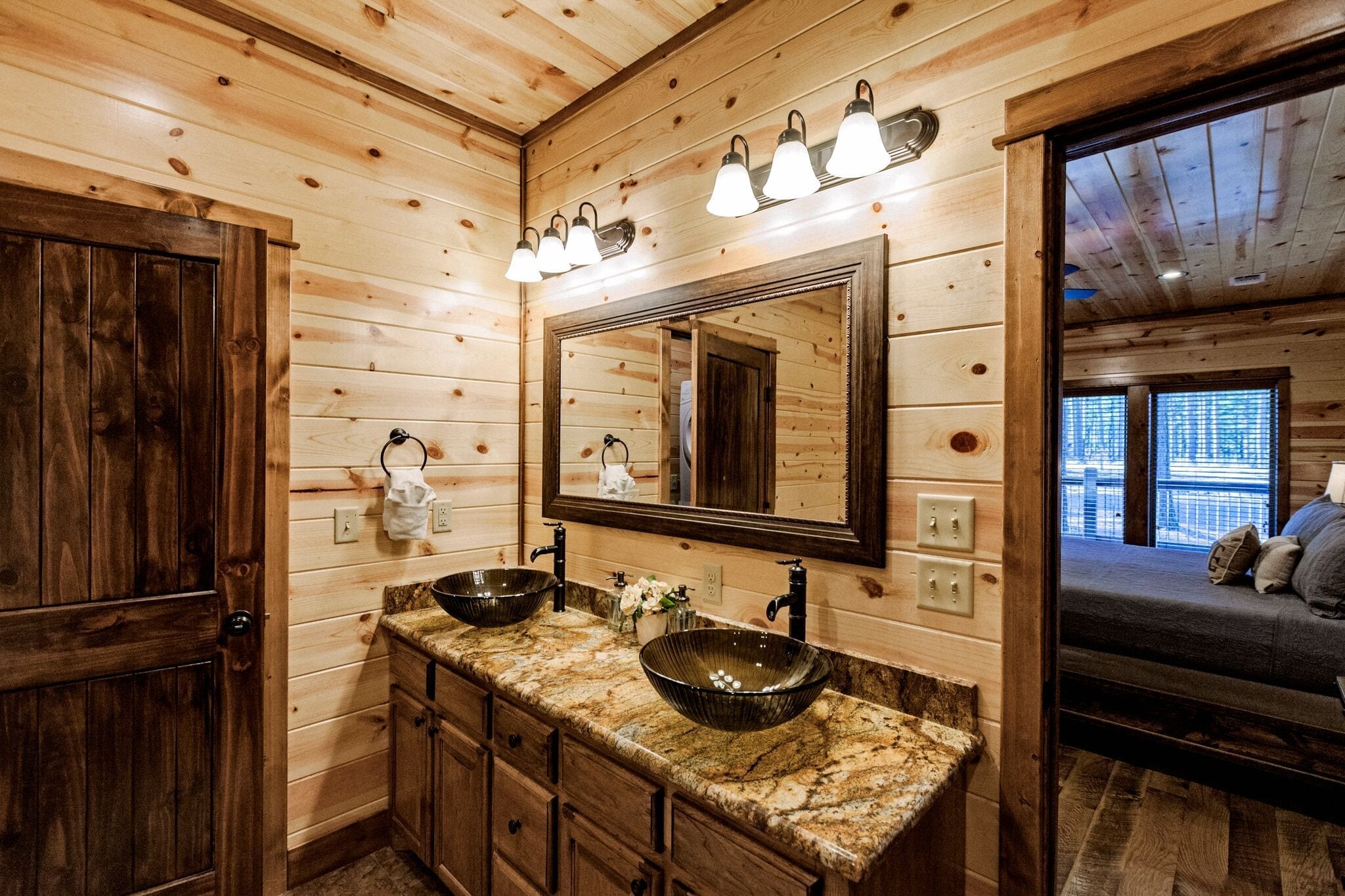 Where Else cabin bathroom with dual vanity sinks Blue Beaver Cabins