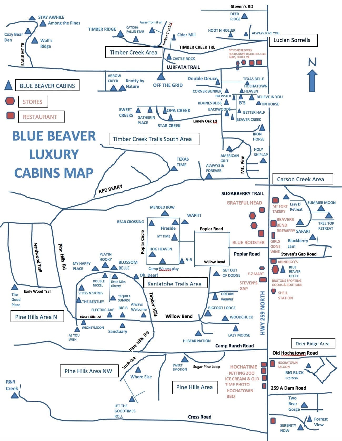 Cabin Map Broken Bow, OK Blue Beaver Cabins