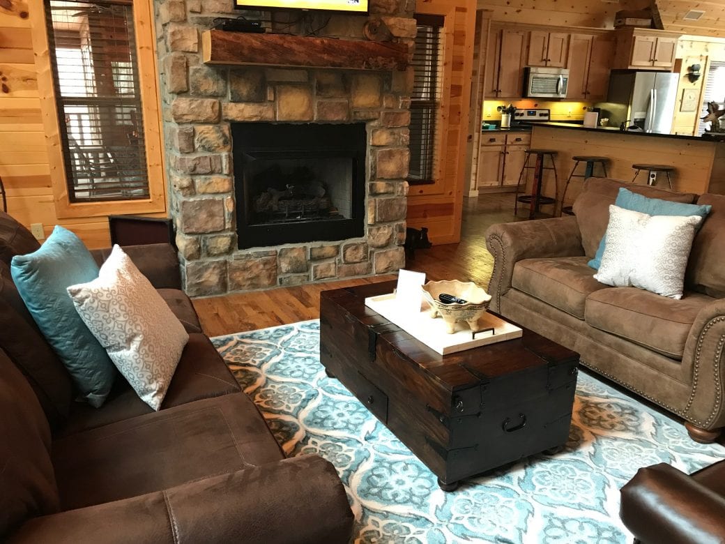 Cabin living room with fireplace