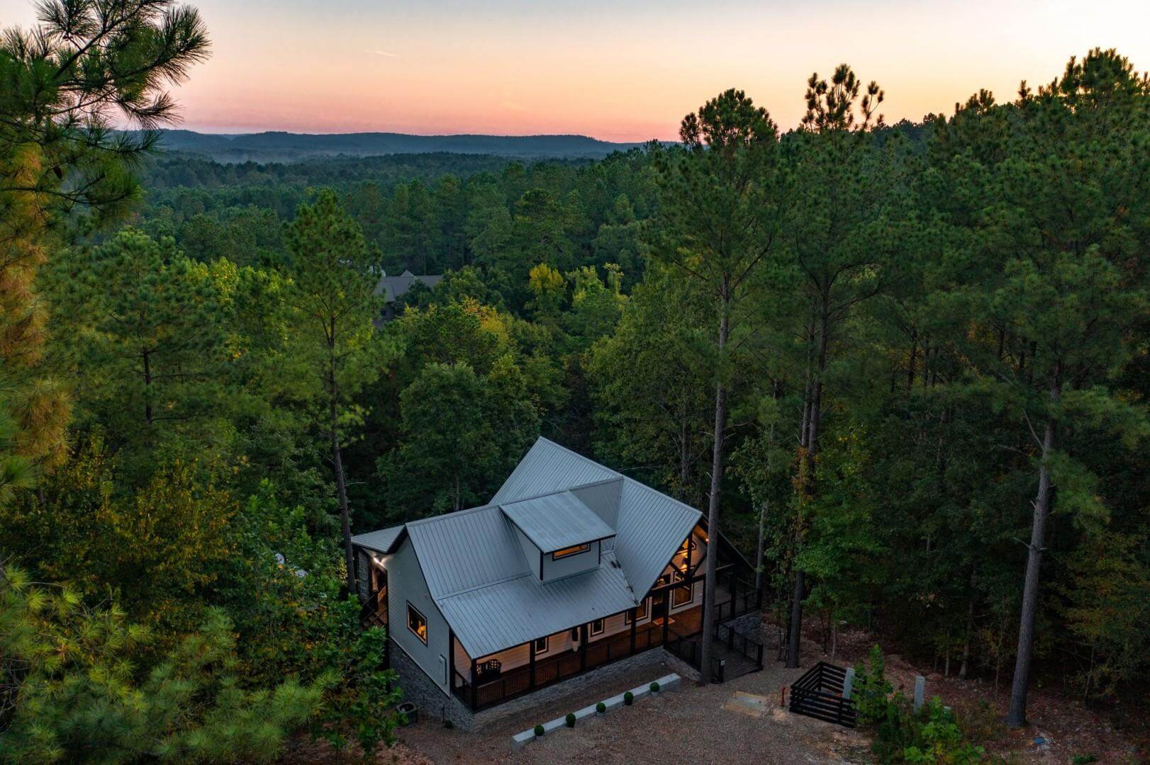 An aerial view of one of Blue Beaver's romantic cabin rentals in Broken Bow, OK