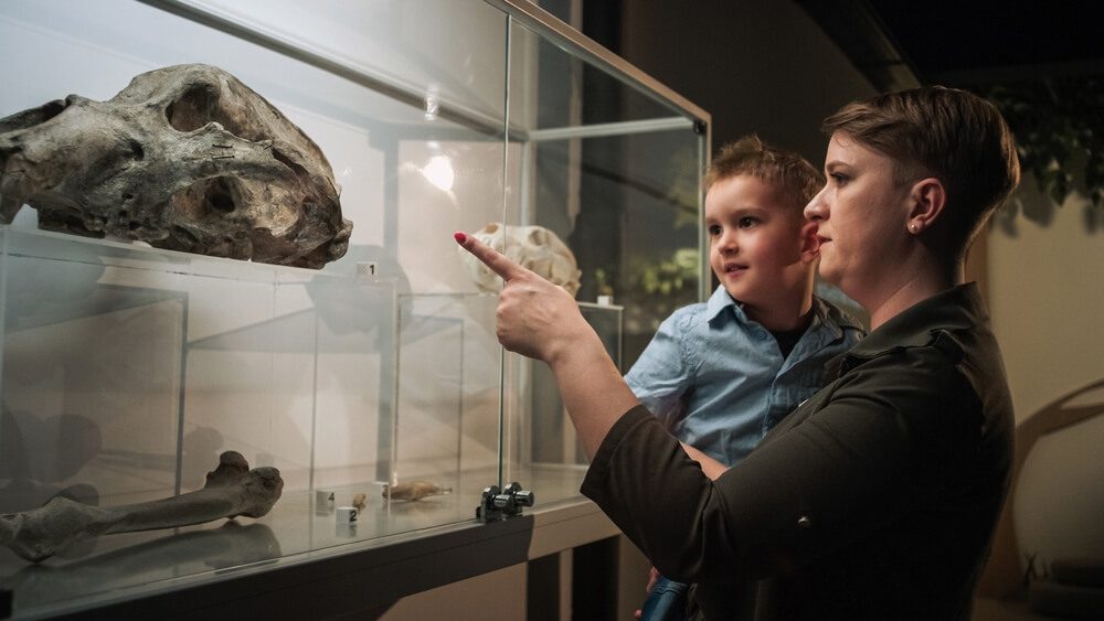 A mom holding her young son, showing her a fossil at the Museum of the Red River
